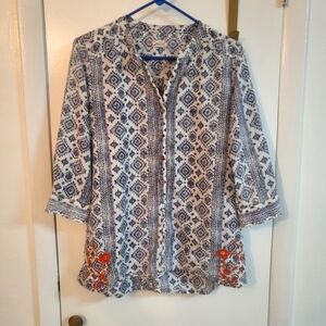 Lucky Brand Navy and White Tribal Southwestern Tunic With Embroidery